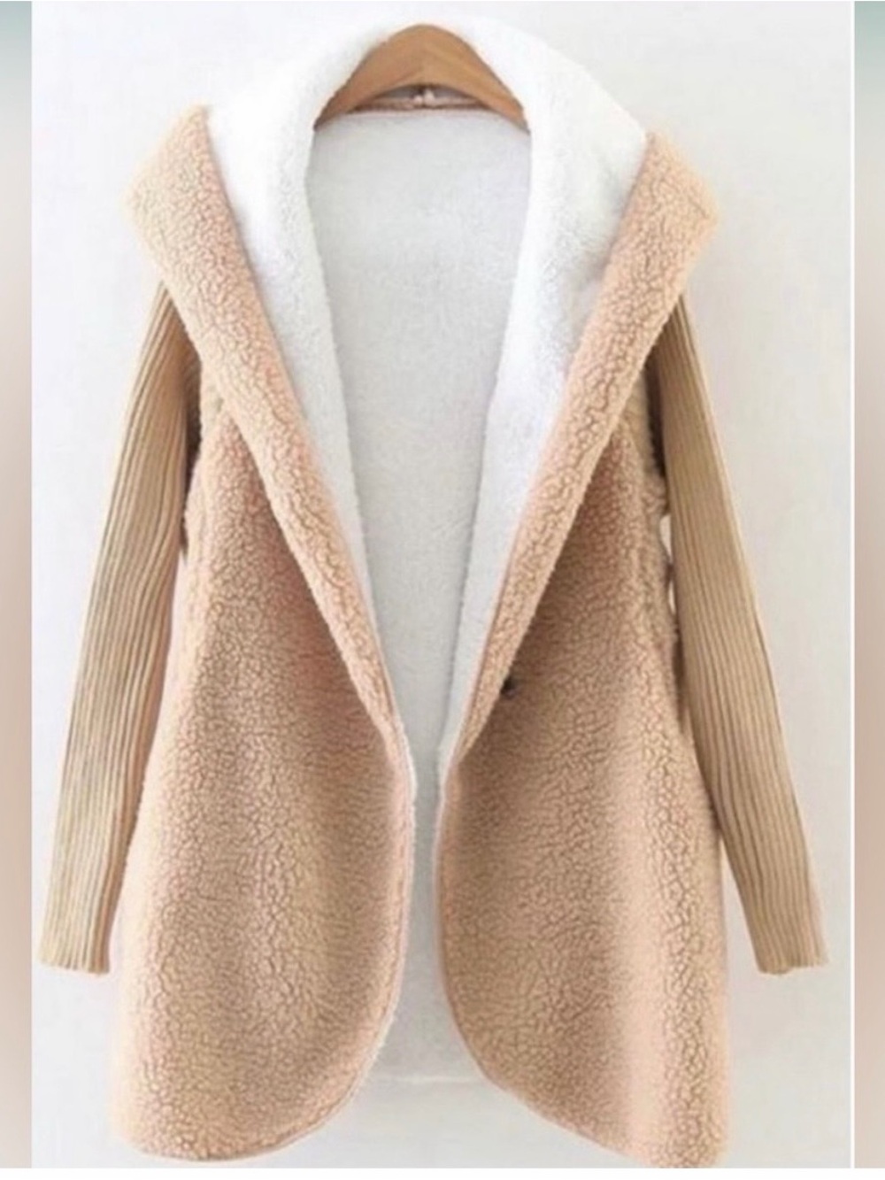 Teddy Sherpa Hooded Fleece Coat Tan/White Sweater Sleeves Snap Closure Boutique🐻